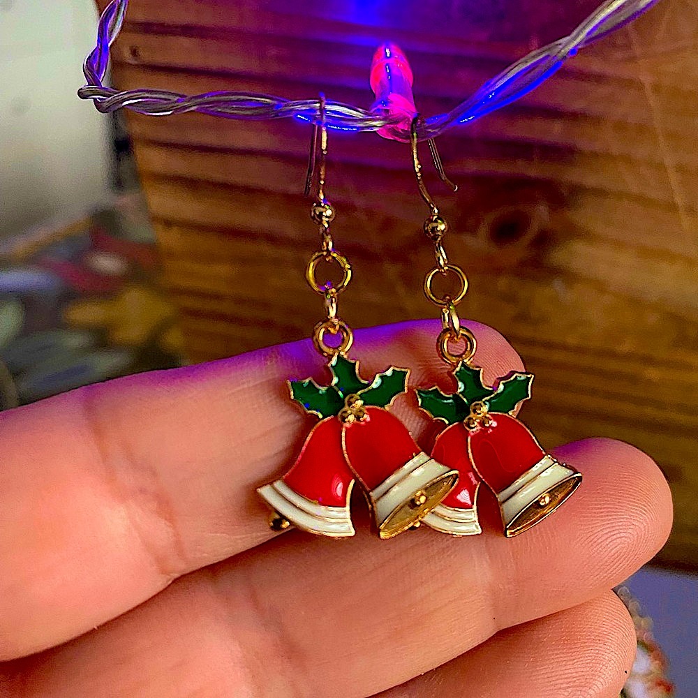 Festive Red Bell Enamel gold Earrings